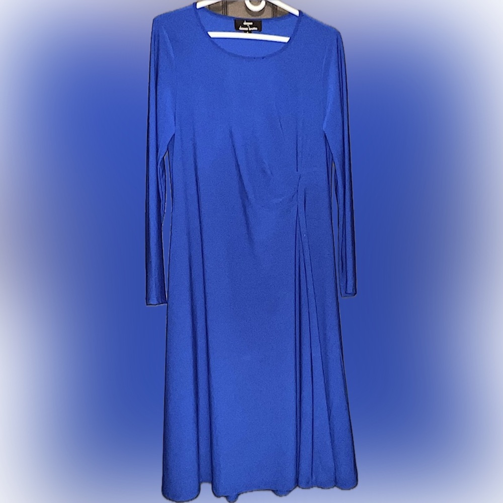 Dennis Basso Long-Sleeve Mid-Calf Length Dress, Blue, Size 8, Like-New, No Flaws